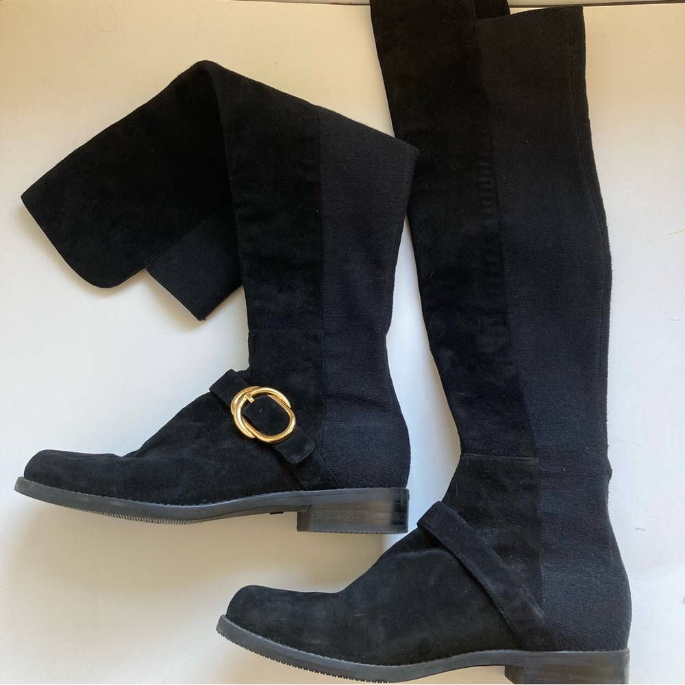 Stuart Weitzman Black Over-the-Knee Suede Boots with Gold Accent - Picture 8 of 16